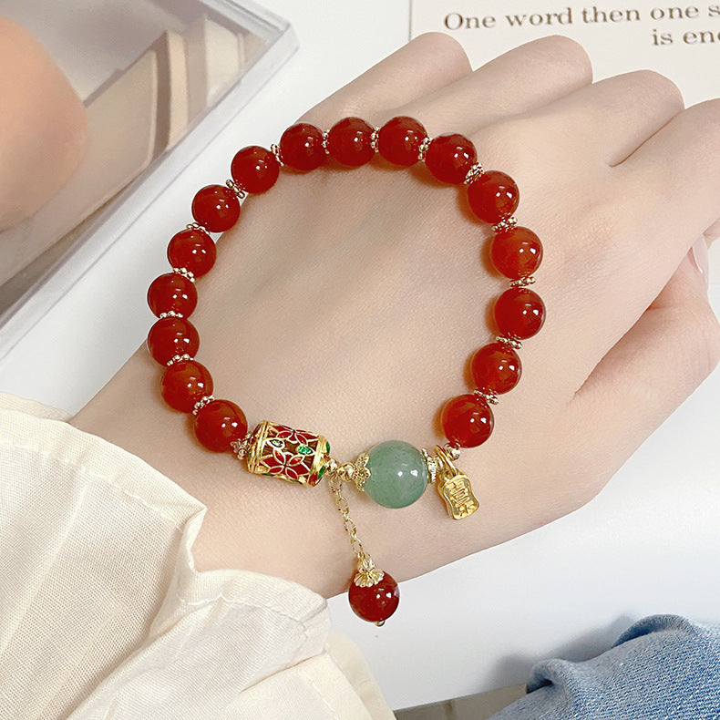 Chinese Style Auspicious Pattern Enameled Red Agate Bracelet-3