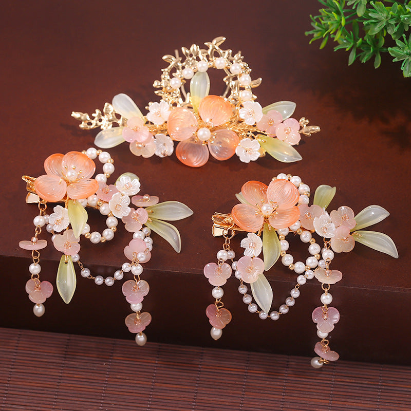 Pink Four-petal Flower Glass Pearl Earrings Hairpin Jewelry Set-3