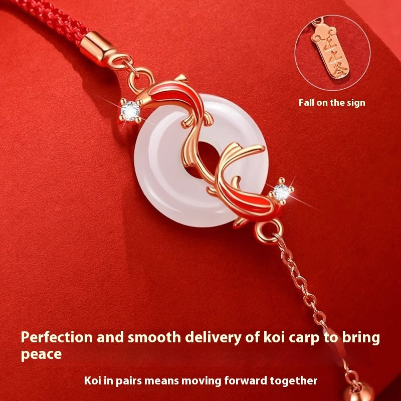 Landing Koi Hetian Jade Safety Buckle Bracelet S925 Sterling Silver Red Rope Animal Year Lucky Bead