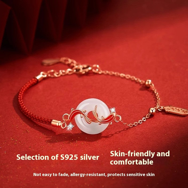 Landung Koi Hetian Jade Sicherheitsschnallen Armband S925 Sterling Silber Rotes Seil Jahr Lucky Perle