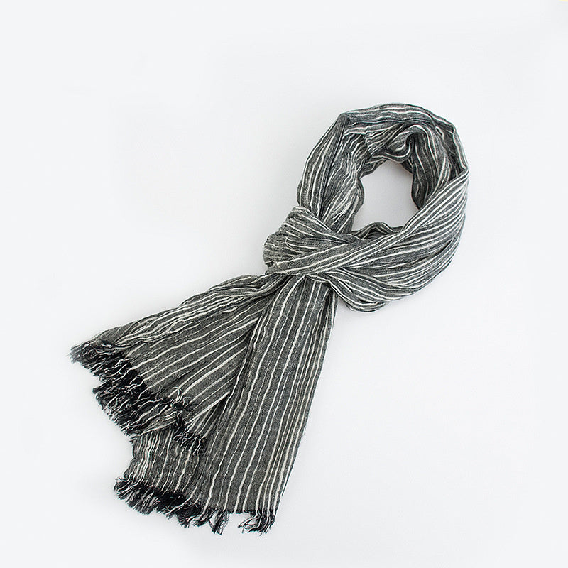 Cotton And Linen Scarf Chinese Literary Style Striped Fringed Drape