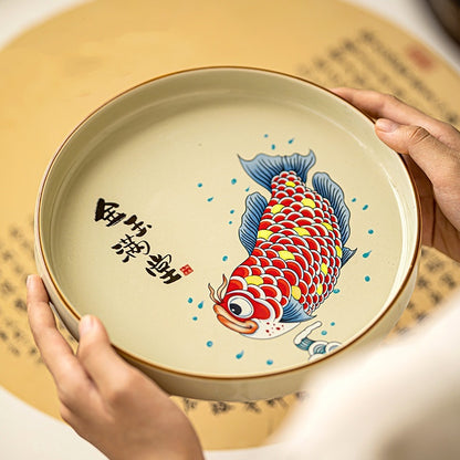 Grass Gray Arowana Bamboo Tea Tray Round Porcelain Tea Bearing