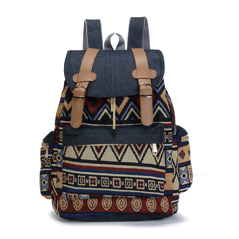 Ethnic Style Cowboy Clash Color Large Capacity Canvas Backpack