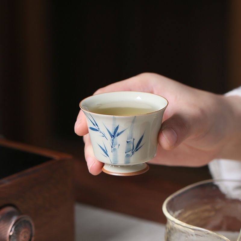 Grass And Wood Gray Hand Painted Bamboo Small Teacup Underglaze Porcelain Tea Cup