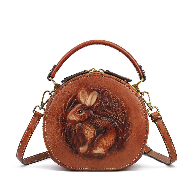 Ethnic Style Small Round Bag Head Layer Cowhide One Shoulder Crossbody