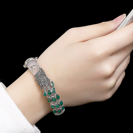 Vintage Sterling Silver Bracelet with White Chalcedony or Malachite-2