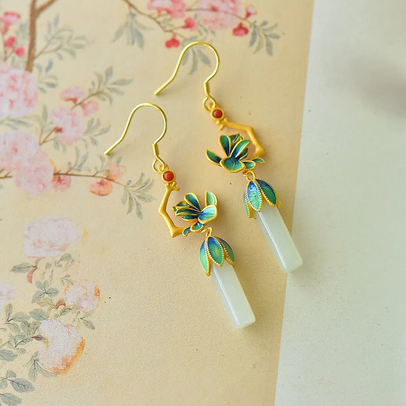 Flower S925 Silver Embeded Jade Eardrops Antique Earrings