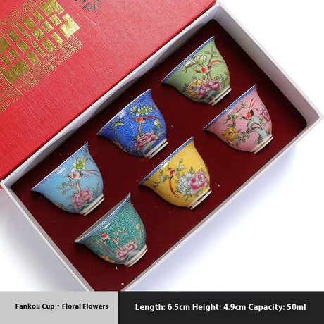 Enameled Vintage Birds Flowers Ceramic Teacup Set Gift Box-5