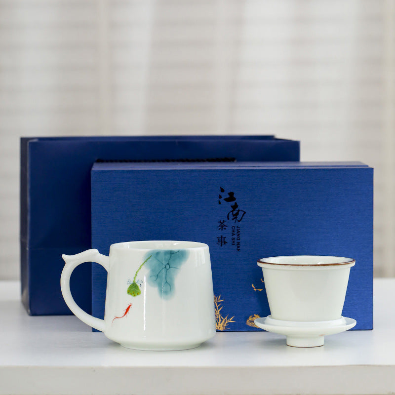 White Porcelain Celadon Household Hand-painted Filtered Tea Cup With Lid