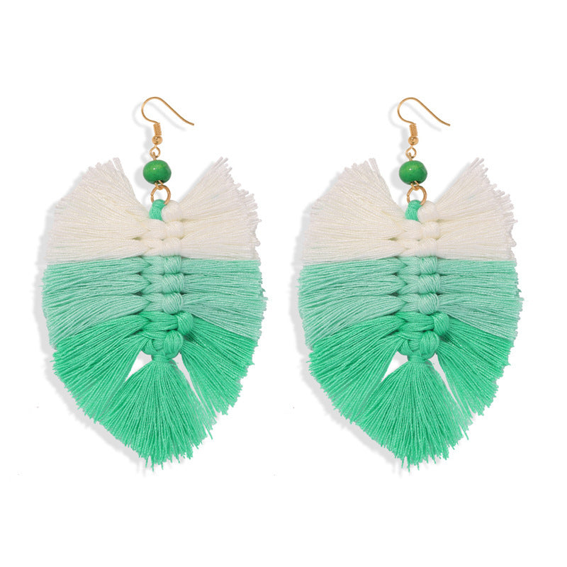 Handmade Gradient Tassel Earrings Leaf Shape Ethnic Style Earrings Exotic Earrings