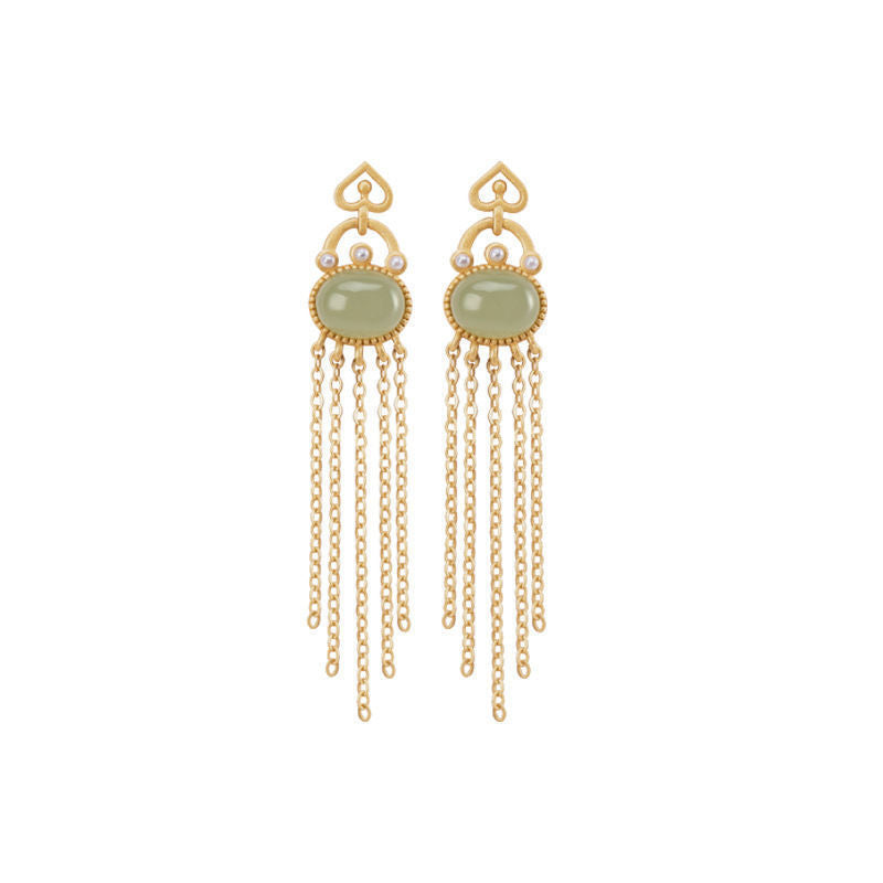 Silver-plated Hetian Jade Temperament Long Tassel Earrings