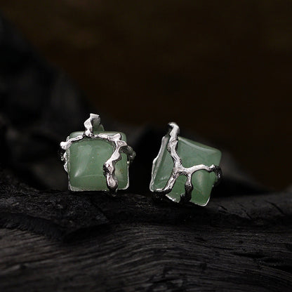 Neuer chinesischer Stil Einfacher S925 Silver Square Perle Green Aventurine Ohrringe