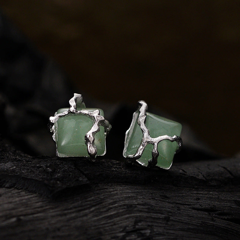 New Chinese Style Simple S925 Silver Square Bead Green Aventurine Earrings