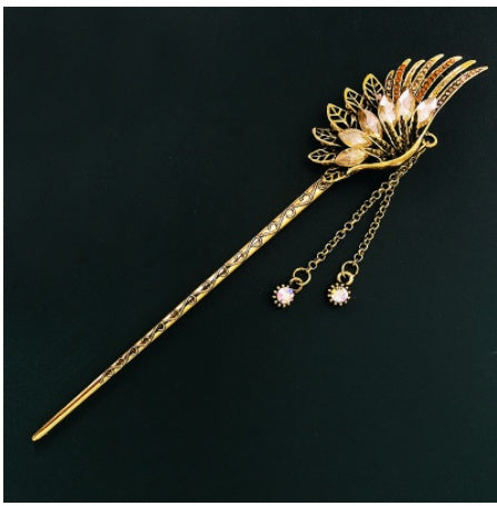 Feather Rhinestone  Long Tassel Super Fairy Retro Hanfu Ancient Costume Coil Hair Headdress Bride Hairpin