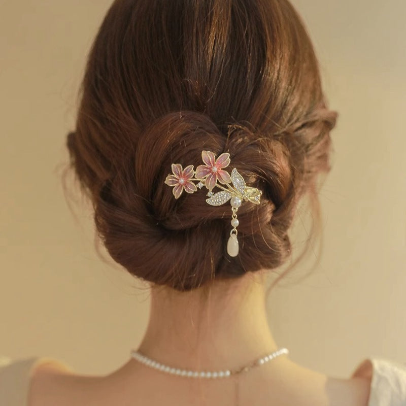 Super Fairy Cherry Blossom Pansy Pearl Tassel Hairpin Ancient Style Female Side Fringe Headdress Duckbill Clip