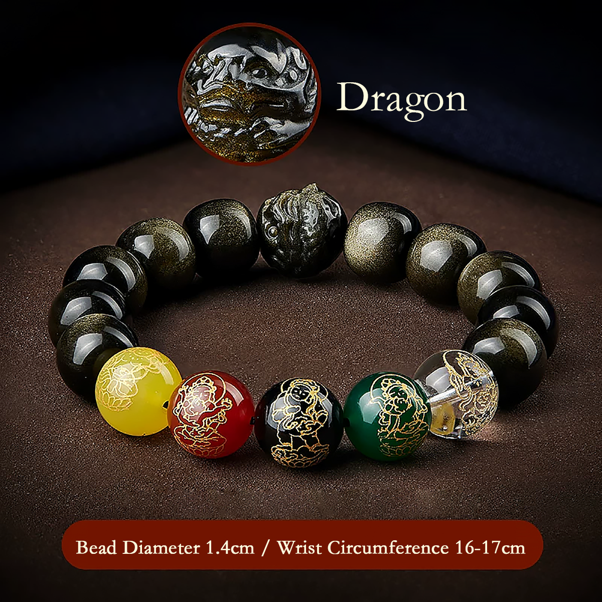 Five Gods of Wealth Lucky Beads Bracelet Zodiac Gold Obsidian Handheld Rosary-6