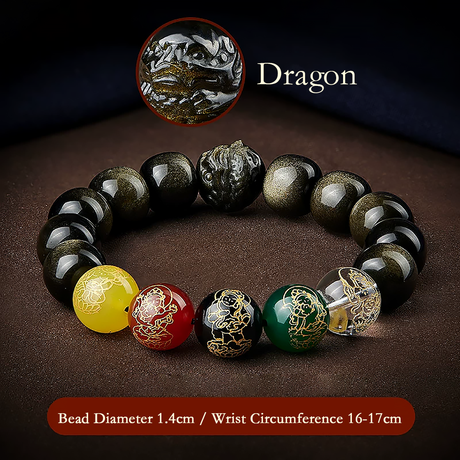 Five Gods of Wealth Lucky Beads Bracelet Zodiac Gold Obsidian Handheld Rosary-6