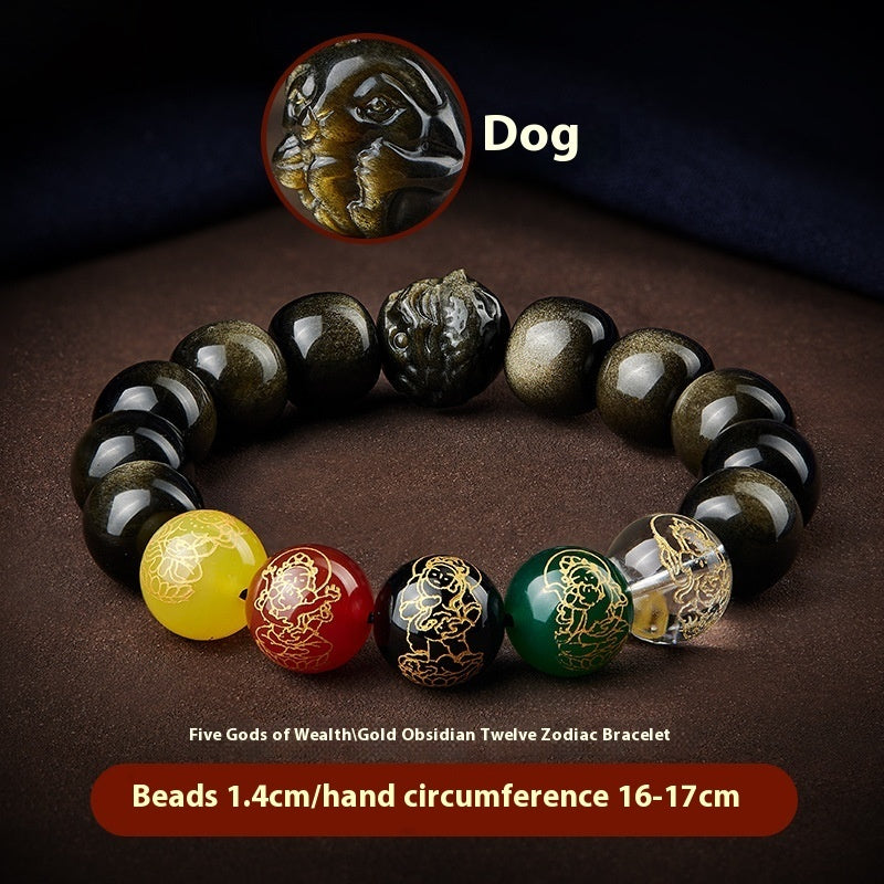 Five Gods Of Wealth Lucky Beads Bracelet Zodiac Gold Obsidian Handheld Rosary