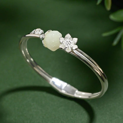 Pure Silver Natural Hetian Spring Fastener Lotus Bracelet