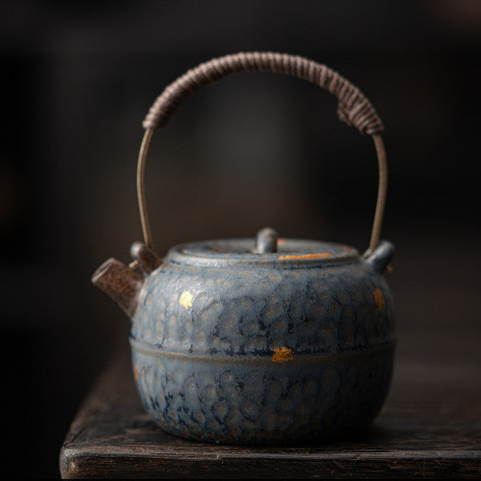 Old Rock Clay Carrying Handle Teapot Bronze Glaze Tea Set