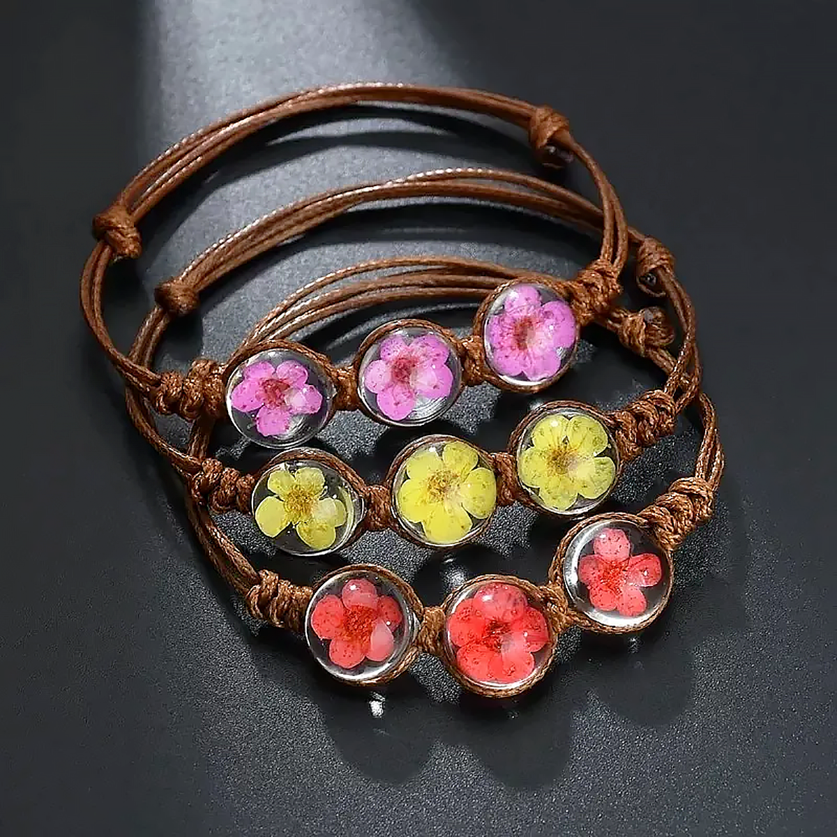 Flower Time Dried Flower Glass Bead Bracelet Nature Inspired Jewelry-1