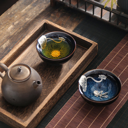 Kung Fu Tea Set With Ceramic Inlaid Silver Teacup