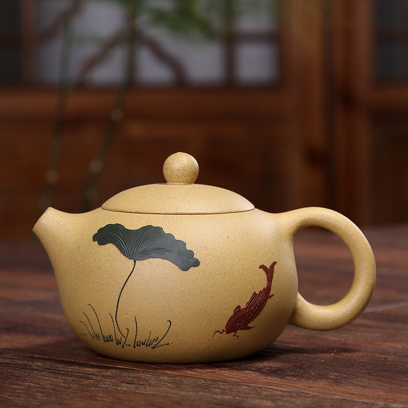 Hand-painted Lotus Leaf Koi Clay Ceramic Teapot