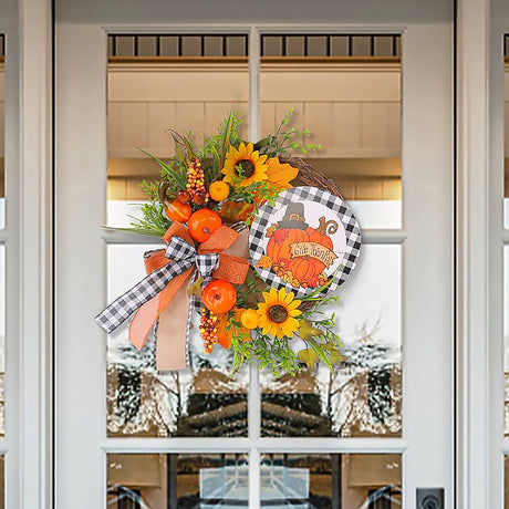 Thanksgiving Wooden Sign Decoration with Sunflower and Pumpkin Wreath-2