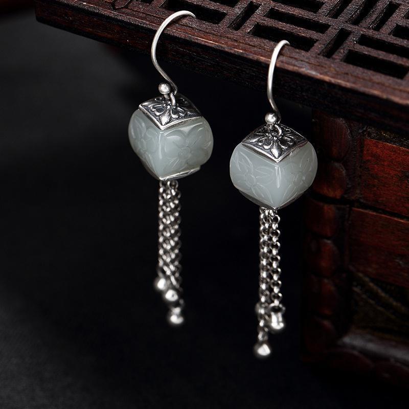 Inlaid Hetian Jade Linglan Pattern Long Earrings