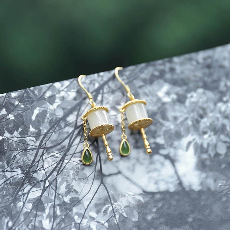 Natural Hetian Jade Prayer Wheel Earrings Silver