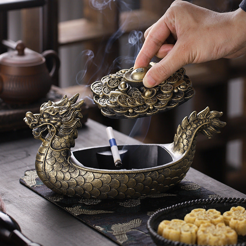 Chinese Creative Dragon Boat Ashtray With Lid Prevent Fly Ash