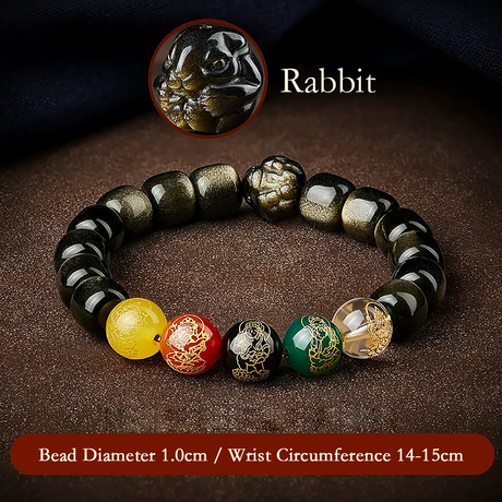 Five Gods of Wealth Lucky Beads Bracelet Zodiac Gold Obsidian Handheld Rosary-17