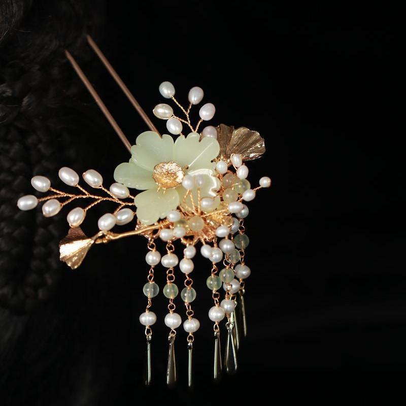 Women's Fashion Grape Stone Flower Pearl Tassel Hairpin Jewelry-2