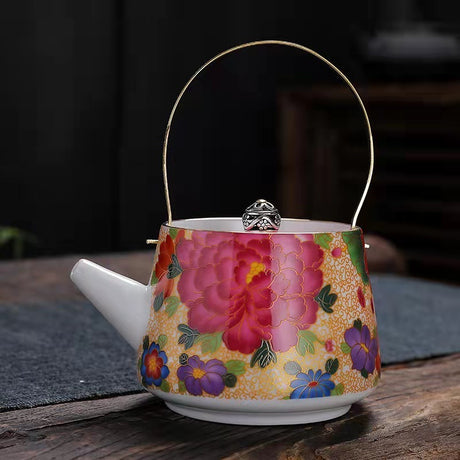 Enamel Painted Teapot Vintage Household Peony Ring Handle Teapot