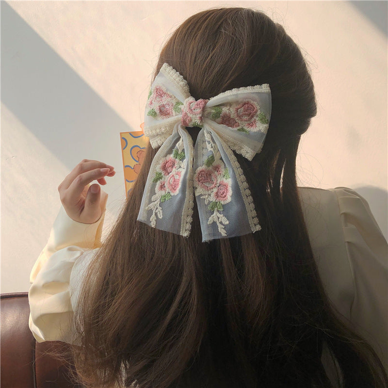 Embroidered Flower Ribbon Big Bow Hairpin