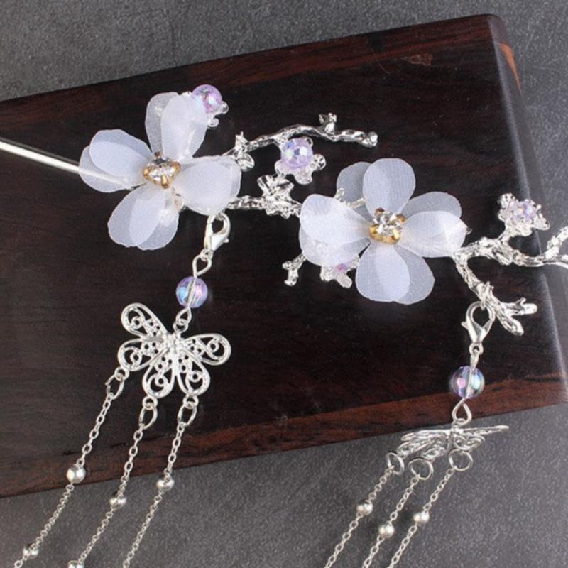 Ancient Style Hair Accessories Hanfu Plum Blossom Branch Tassel Hairpin White Flower Drill