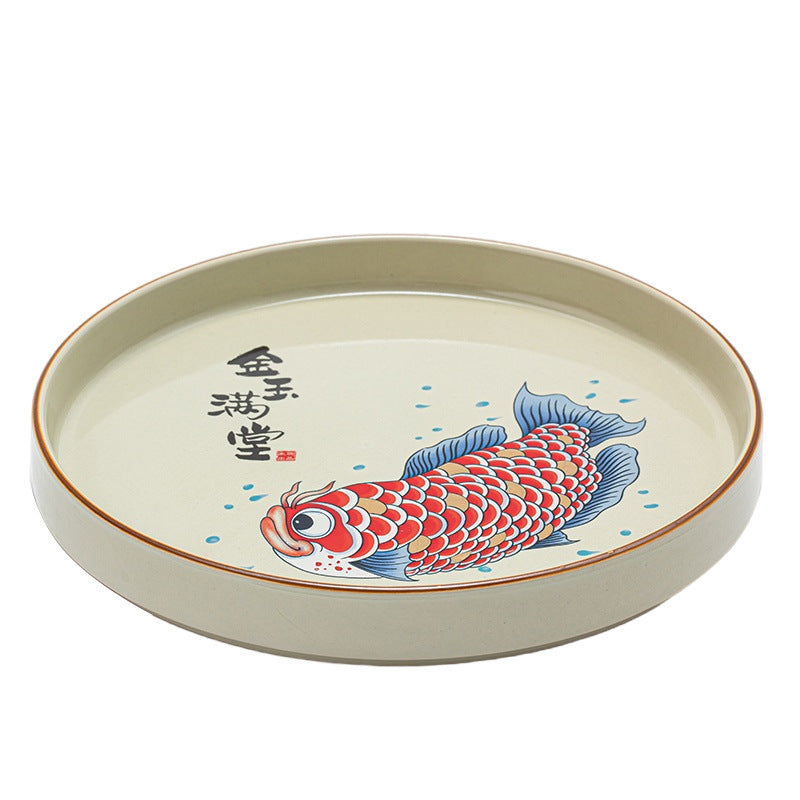 Grass Gray Arowana Bamboo Tea Tray Round Porcelain Tea Bearing