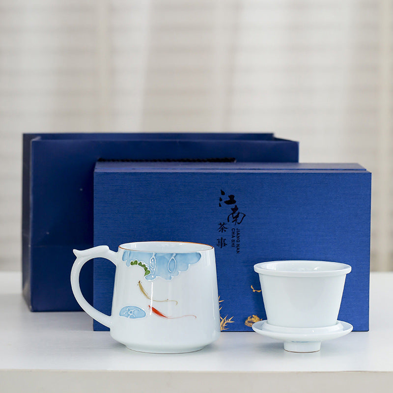White Porcelain Celadon Household Hand-painted Filtered Tea Cup With Lid