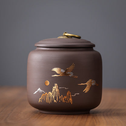 New Purple Sand Ceramic Tea Jar Auspicious Crane Tea Caddy