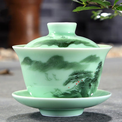 Hand Painted Celadon Kung Fu Tea Set Suit Tea Bowl Tureen