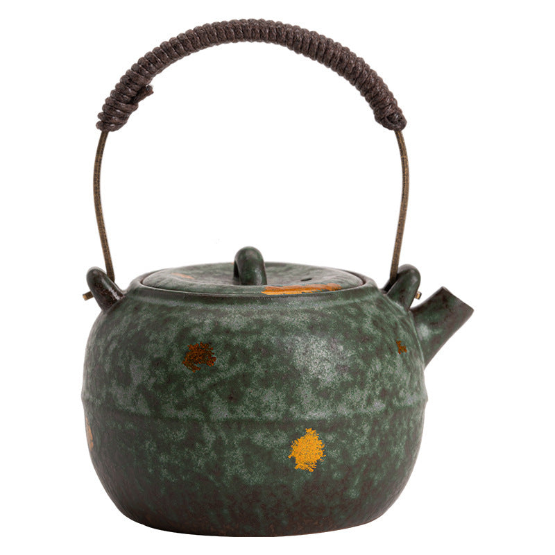 Old Rock Clay Carrying Handle Teapot Bronze Glaze Tea Set