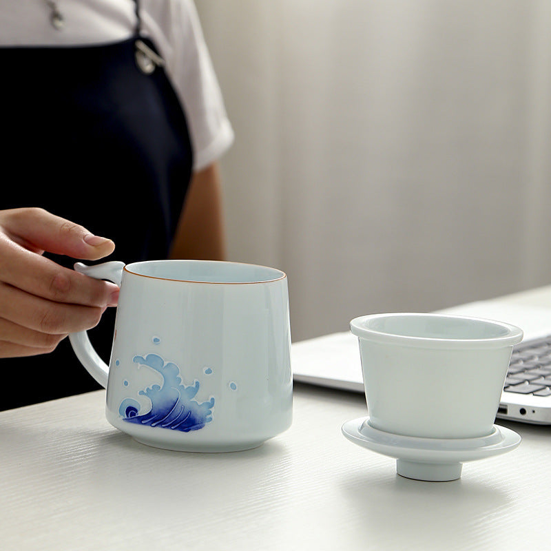 White Porcelain Celadon Household Hand-painted Filtered Tea Cup With Lid