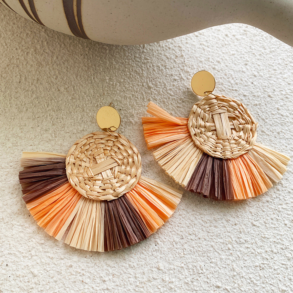 New Raffia Rattan Earrings Female Colorful Geometric Round Straw Earrings Earrings