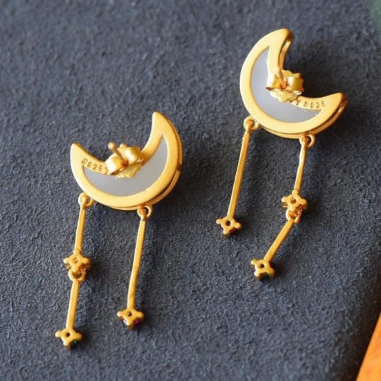 Star Moon Hetian Jade Simple Stud Earrings