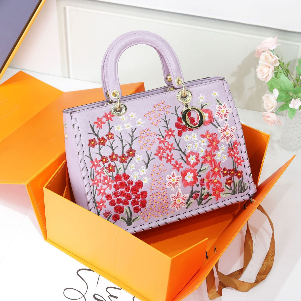 Premium Sense Leather Embroidery Handbag Crossbody Bag-5