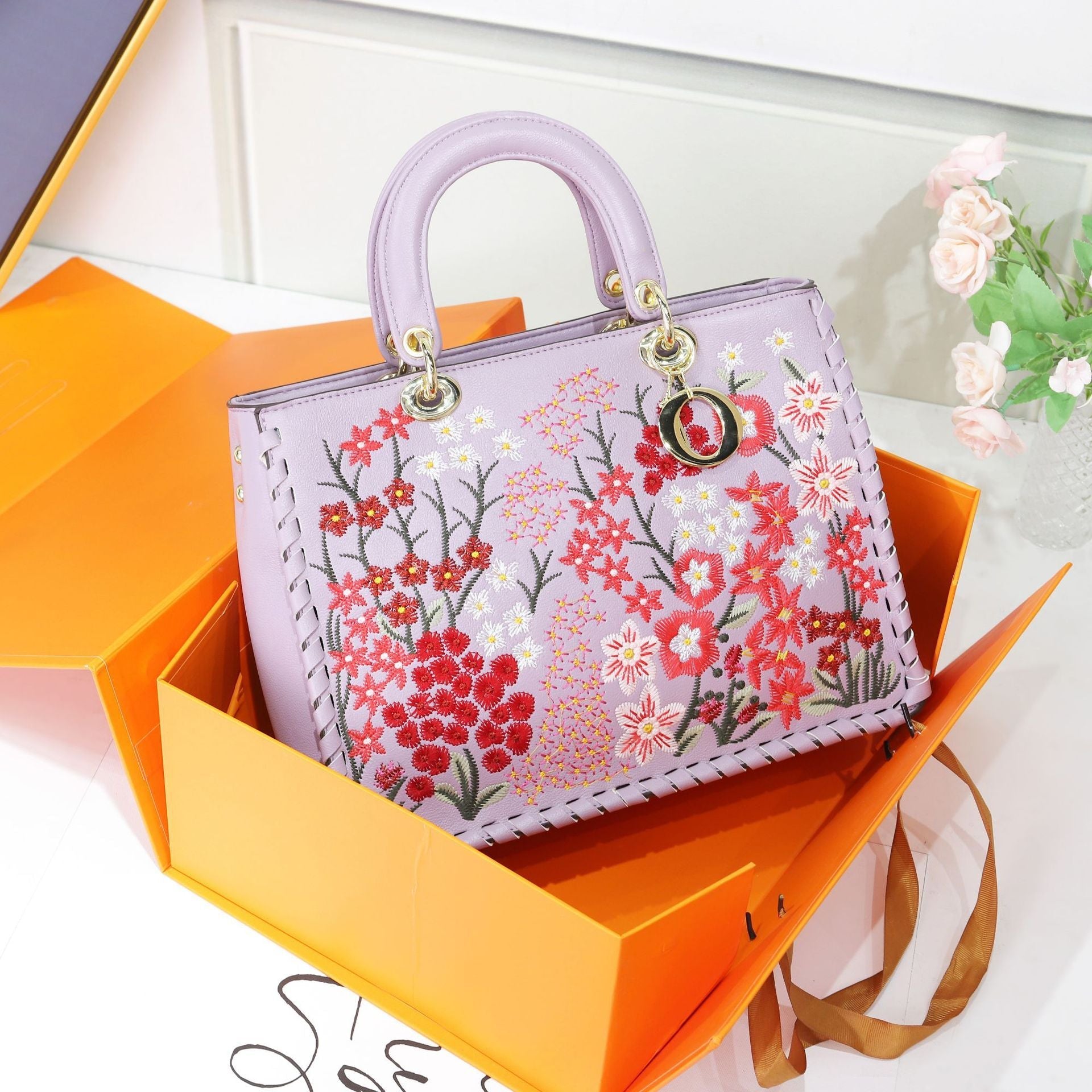 Premium Sense Leather Embroidery Handbag Crossbody Bag-5