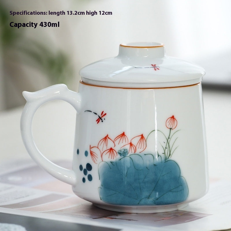 White Porcelain Celadon Household Hand-painted Filtered Tea Cup With Lid