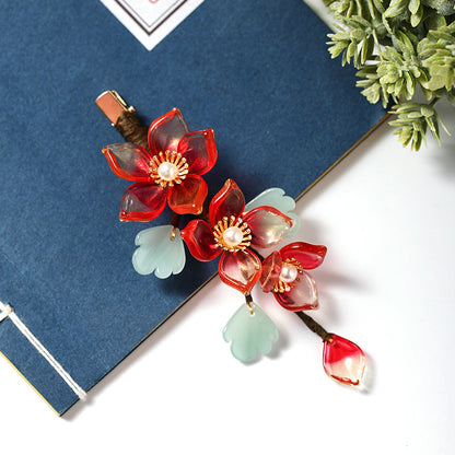 Red Female Antique Crystal Flower Hairpin Hanfu Ancient Costume Accessories