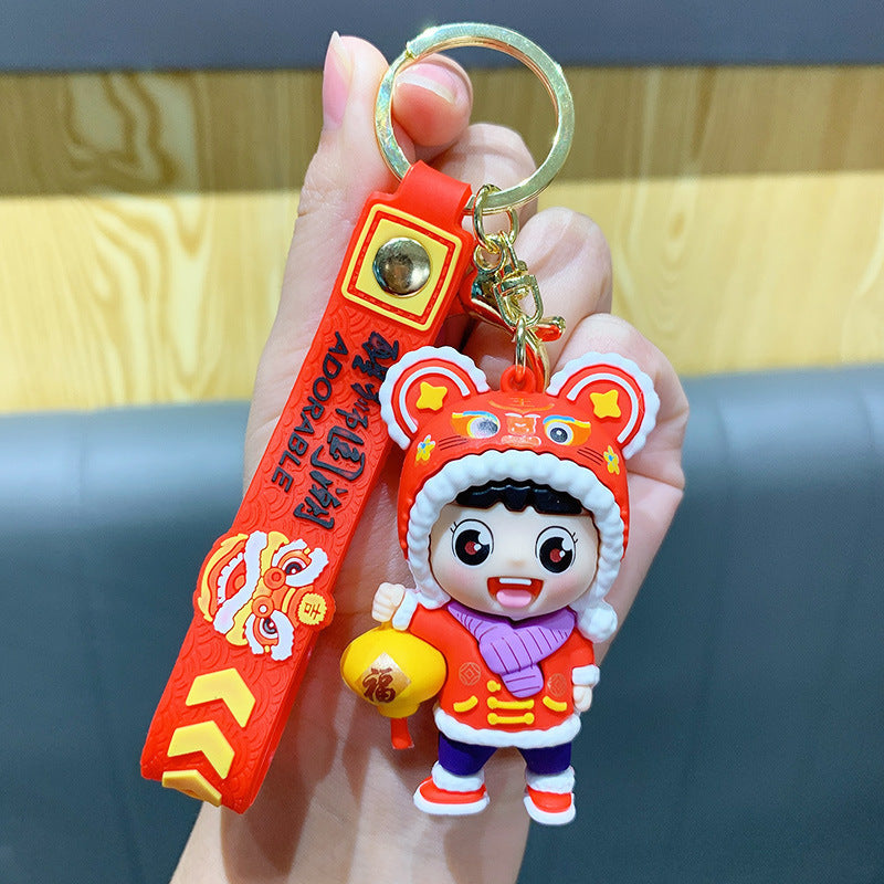 Chinese New Year Lantern Firecracker Cute Tiger Head Doll Keychain-6