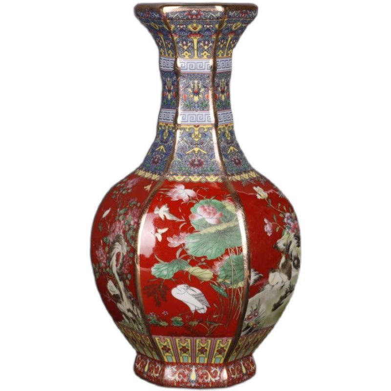 Gold-painted Enamel Colorful Flowers and Birds Home Chinese Antique Vase Ornaments